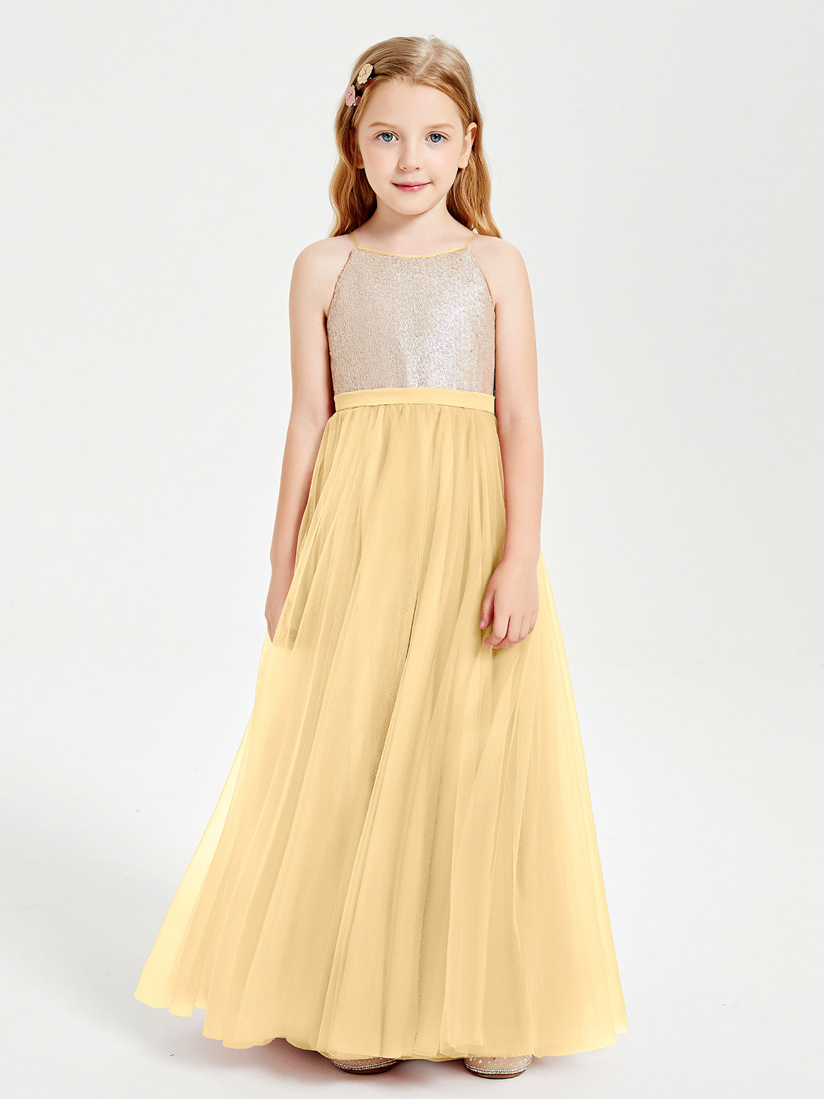 Sequined Top Long Tulle Junior Bridesmaid Gown Gold